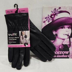 New BLACK TRU FIT WOMANS WARM LINED TOUCHSCREEN FAUX LEATHER GLOVES
